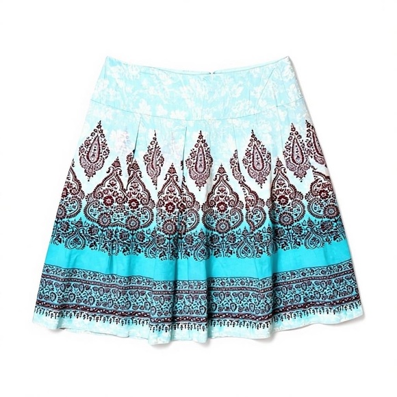 4/$20 Sandra Darren Aqua Blue & Brown Boho A-Line Skirt - Size 8 - 100% Cotton - Picture 2 of 4